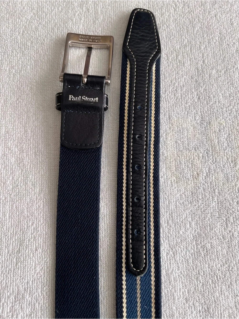 Paul Stuart Navy and White Striped Canvas Men’s Belt